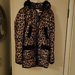 Juicy Couture Leopard Print Puffer Jacket with Black Faux Fur Accents